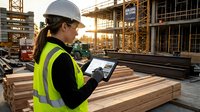 Female construction engineer using digital tablet at building site during golden hour sunset. Professional woman in safety vest and hard hat reviewing plans.