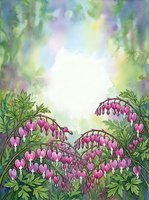 Watercolor bleeding heart flowers with lush green foliage on a soft glowing background, perfect for greeting cards and spring botanical prints.
