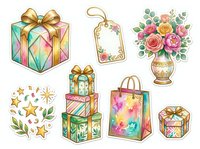 Watercolor gift boxes with gold ribbons, floral gift tags, and decorative elements isolated on white background. Clipart collection suitable for greeting cards, invitations, packaging design, and digital projects.