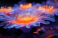 Glowing flower petals with water drops in dark blue and orange colors create magical macro photography effect, highlighting nature's delicate beauty and luminescence.