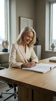 Mature blonde businesswoman in beige blazer signing documents at modern office desk, professional executive working on paperwork in contemporary workspace.