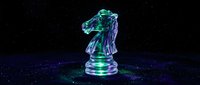 Glowing glass chess knight piece with neon green and purple lighting effects on dark starry background for gaming and strategy concepts.