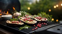 Grilled eggplant slices topped with pomegranate seeds and herbs on barbecue grill with bokeh lights in background, fresh seasonal cooking outdoors.