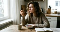 Young woman enjoying healthy breakfast with berries and yogurt in cozy kitchen morning light. Casual lifestyle eating nutritious meal at home table.