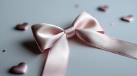Delicate pink satin bow with long ribbons on soft gray background, surrounded by small scattered heart shapes. Romantic feminine composition for gift wrapping.