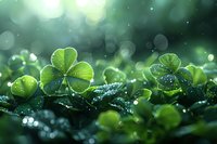 Fresh green clover leaves with morning dew drops in soft bokeh light. Natural macro photography showing lucky shamrock plants in mystical atmosphere.