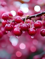 Fresh ripe cherries on branch with water drops and pink bokeh background, macro photography showing juicy red fruit detail and natural morning dew.