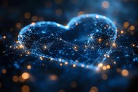 Cloud computing network visualization with glowing blue digital connections and orange light particles forming abstract technology infrastructure shape.
