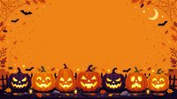 Spooky jack-o-lantern pumpkins with glowing faces arranged in a row against an orange background with flying bats, spider webs, and autumn leaves for seasonal decorations.