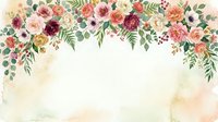 Watercolor floral border with roses, peonies, and greenery cascading from top, creating elegant frame for wedding invitations, greeting cards, and event designs.