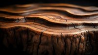 Close-up macro view of natural wood texture with annual rings and cracks on dark brown tree stump surface showing organic patterns in dramatic lighting.