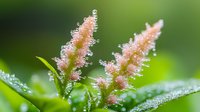 Delicate pink astilbe flowers covered in morning dew drops against blurred green background, creating dreamy garden atmosphere for nature and botanical designs.
