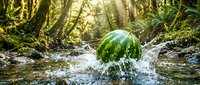 Fresh watermelon splashing into clear mountain stream surrounded by lush green forest creating dynamic water droplets and ripples in natural setting.