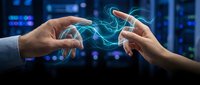 Two hands reaching toward each other with glowing blue digital energy connection in modern tech environment for business collaboration concepts.