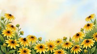 Watercolor yellow black-eyed Susan flowers border with soft pastel sky background, copy space for text, summer floral greeting card design.
