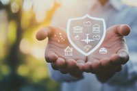 Hands holding glowing shield with insurance icons representing protection of property, home, car and travel, illuminated by soft natural light against blurred background.