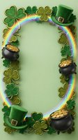 St. Patrick's Day frame with glowing rainbow border, lucky clovers, gold coins, and leprechaun hats on isolated pale green background for festive designs.