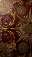 Elegant vintage seamless pattern with ornate golden flourishes and burgundy baroque elements on rich brown background for luxury interior design.