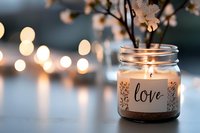 Glowing candle in mason jar with love inscription against blurred bokeh lights and delicate spring blossoms, creating romantic atmosphere for weddings or valentines.