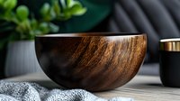 Artisanal wooden bowl with rich dark grain texture on gray textile, natural light highlighting wood details against blurred modern decor background.