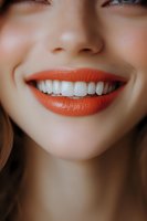 Close-up of a young woman with fair skin and reddish-brown hair displaying a bright smile with white teeth and coral-orange lipstick, ideal for dental, beauty and cosmetics marketing.