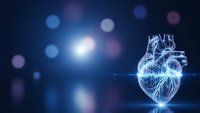 Digital holographic human heart with glowing blue wireframe structure on dark background with bokeh lights for medical technology presentations.