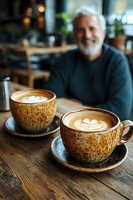 Stylish ceramic cups with latte art and smiling senior Caucasian man in gray sweater enjoying coffee at cozy cafe. Focus on detailed foam pattern and speckled pottery.
