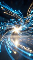 Abstract digital light trails swirling in dynamic motion with glowing blue and golden streaks creating futuristic energy flow pattern on dark background.