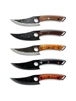 Collection of five handcrafted hunting knives with hammered steel blades and wooden handles in various finishes, isolated on white background.