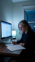 Middle-aged Caucasian businesswoman working late at home office desk with computer and documents during evening hours for remote work and productivity.