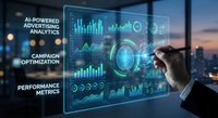 Business professional analyzing digital marketing analytics dashboard with AI-powered advertising data visualization and performance metrics interface.