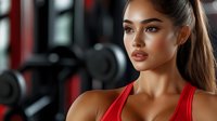 Young athletic Asian woman in red sports top at gym, confident expression with glowing bronzed makeup and sleek ponytail against blurred fitness equipment background.