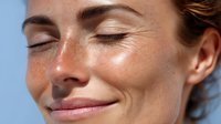 Close-up portrait of middle-aged Caucasian woman with freckles and natural skin texture, eyes closed, smiling against blue background.