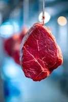 Fresh raw beef steak hanging on hook in butcher shop with blue bokeh background, showcasing premium meat quality for culinary use.