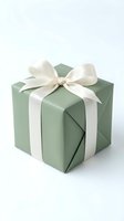 Elegant sage green gift box with cream satin ribbon bow isolated on white background for holidays, birthdays, celebrations and special occasions.