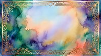 Watercolor abstract background with vibrant gradient blend of teal, purple, yellow and coral tones, ornate decorative gold frame border, suitable for design projects.