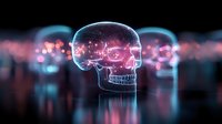 Glowing translucent skull with digital wireframe pattern floating over reflective surface amid pink and blue bokeh lights in dark atmospheric setting.
