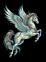 Ornate winged horse with decorative teal and gold patterns, isolated on transparent background. Ready for t-shirts, stickers, clipart, sublimation, and print-on-demand designs.