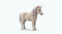 White unicorn toy with rainbow mane and golden horn isolated on white background for children's fantasy designs and magical themed projects.