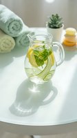 Refreshing infused water pitcher with lemon, cucumber and mint leaves on white table surrounded by spa essentials including rolled towels and succulent plant.