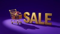 Golden SALE letters with a shopping cart full of gifts on a purple background, perfect for retail promotions and holiday discount banners.