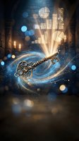 Ornate golden key unlocking business success with glowing charts and cosmic energy swirl representing growth opportunities and financial achievement.