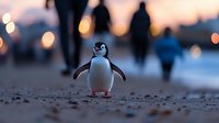 Gentoo penguin standing on sandy beach at sunset with blurred people and bokeh lights in background, creating magical atmosphere for nature photography.