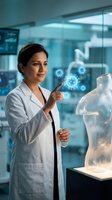 Female scientist in white lab coat pointing at holographic virus molecules in modern laboratory for medical research and biotechnology innovation.