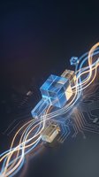 Futuristic blockchain cubes with glowing circuit pathways on dark tech background for cryptocurrency and digital innovation concepts.