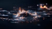 Futuristic financial chart with glowing data visualization showing market trends against blurred urban night skyline background.