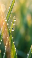 Fresh morning dew drops on green grass blades with soft sunlight creating natural bokeh background for wellness and environmental concepts.
