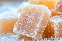 Macro shot of pink Himalayan salt crystals covered in fine salt powder, showing crystalline structure and mineral-rich texture in soft natural lighting.