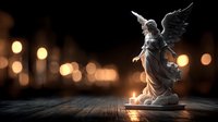 Guardian angel statue with outstretched wings stands on wooden surface against warm bokeh lights background creating spiritual atmosphere.