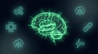 Glowing green brain with neural network connections surrounded by technology icons on dark background for artificial intelligence concepts.